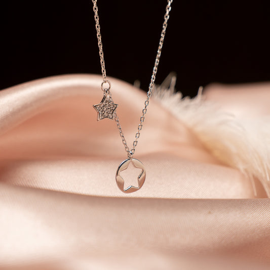 Collar Doble Estrella Plata Italiana Baño de Rodio